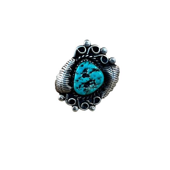 Vintage Turquoise Sterling Silver Leaf Native American Navajo Ring Sz 6.5 - Picture 1 of 9